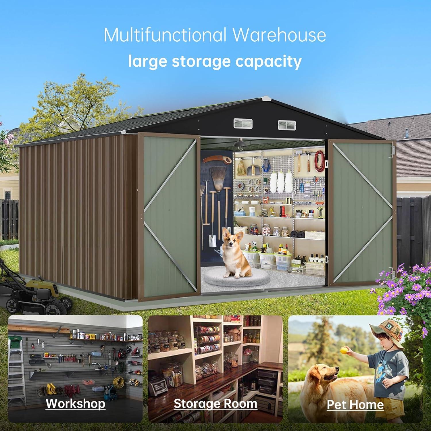 12x10 FT Outdoor Metal Storage Shed Garden Tool House With Lockable Doors and Vent Brown