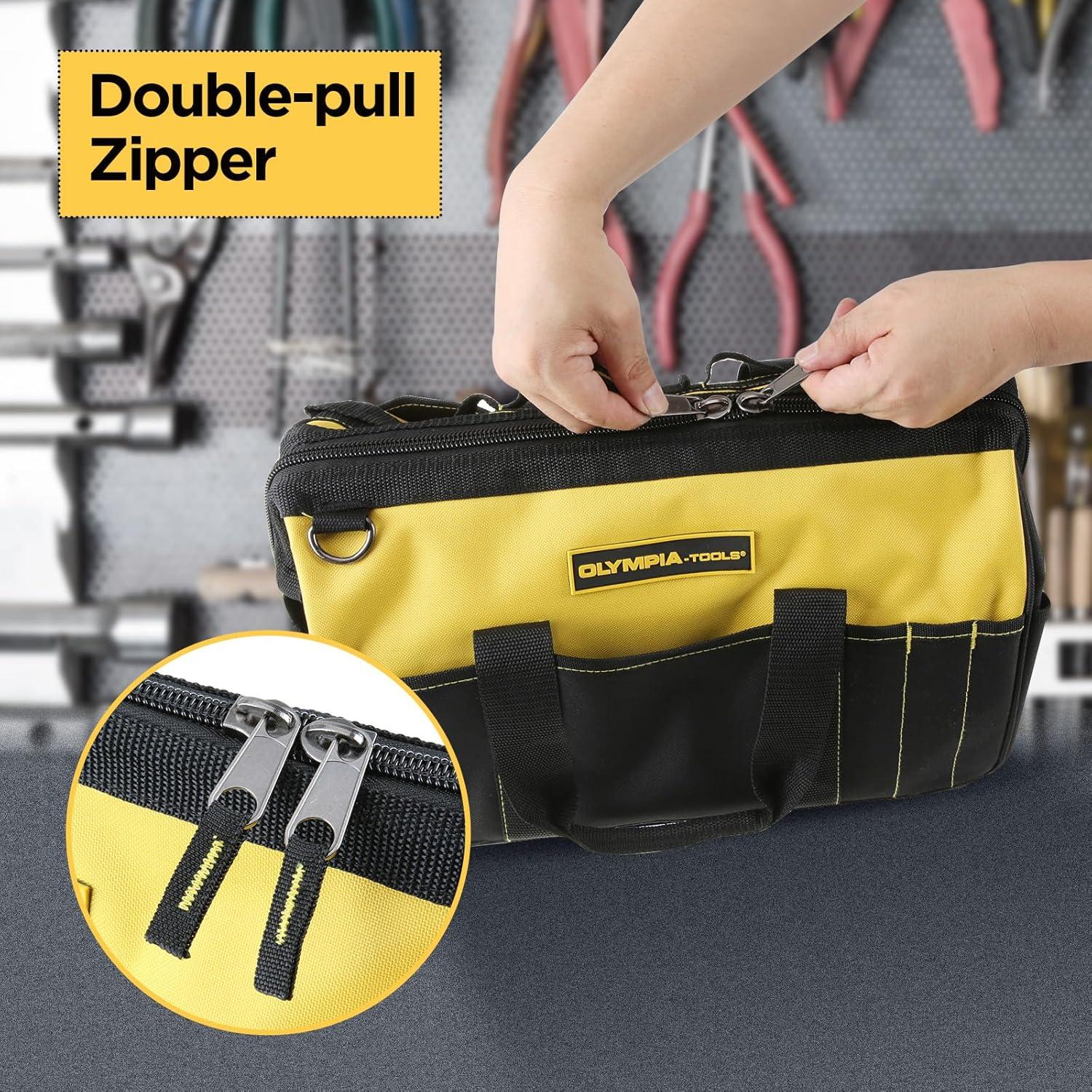 Olympia Tools 16 Inch Wide Mouth Tool Bag, Tool Tote with Water Proof Molded Base, Tool Bags for men with 21 Pockets and 7 Belt Loops, Padded Handle, Adjustable Shoulder Strap