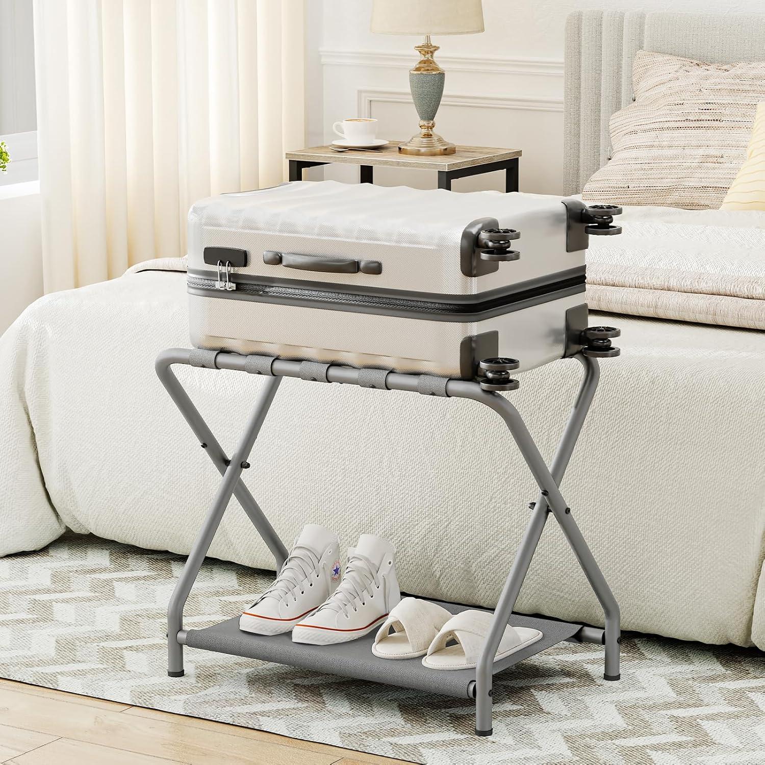 MEBROT Set Of 2, Foldable Suitcase Stands For Guest Room, Metal Luggage Holder With Storage Shelf For Bedroom, Hotel, Easy Assemble