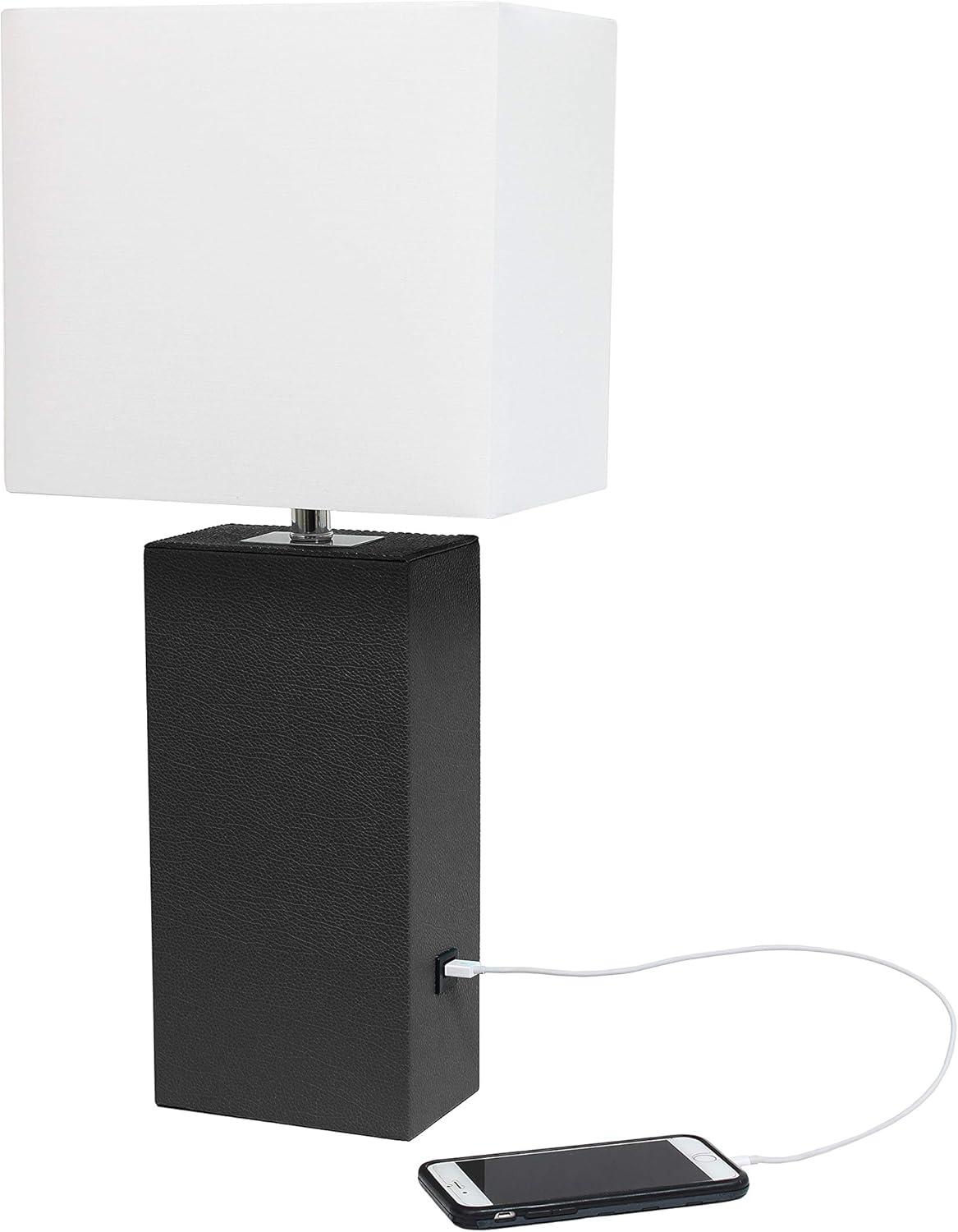 Elegant Designs 21" Modern Leather Wrapped Table Lamp with USB Port and Feit LED (Includes LED Light Bulb) Black