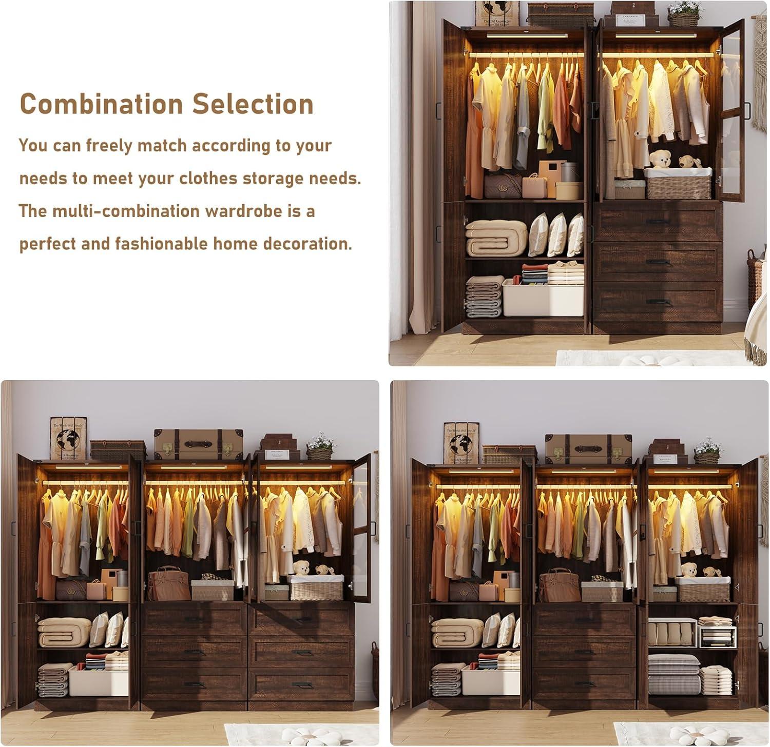 Ivy Bronx 75" Tall Farmhouse 2 Doors Armoire Wardrobe Closet with 3 Drawers and LED,Freestanding Closet