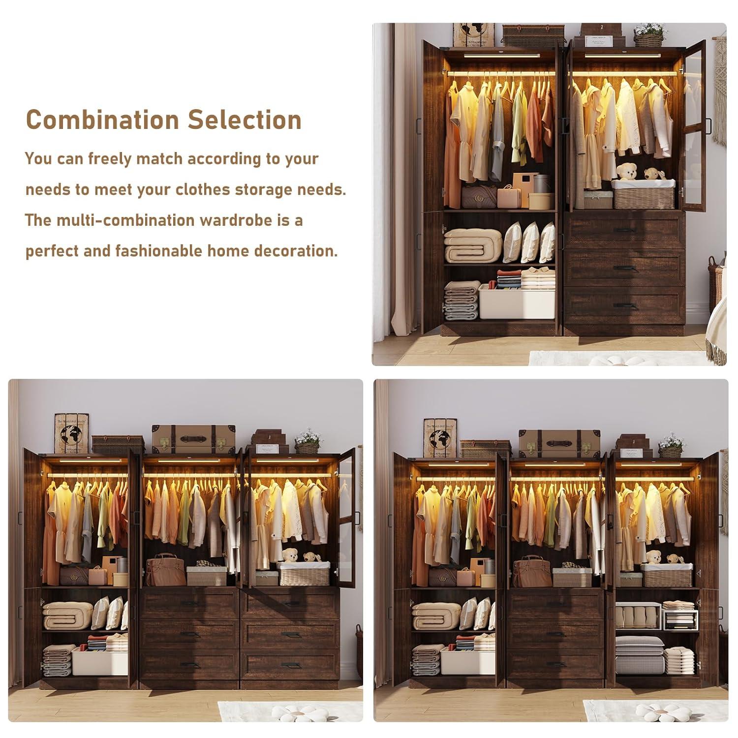 Ivy Bronx 75" Tall Farmhouse 2 Doors Armoire Wardrobe Closet with 3 Drawers and LED,Freestanding Closet