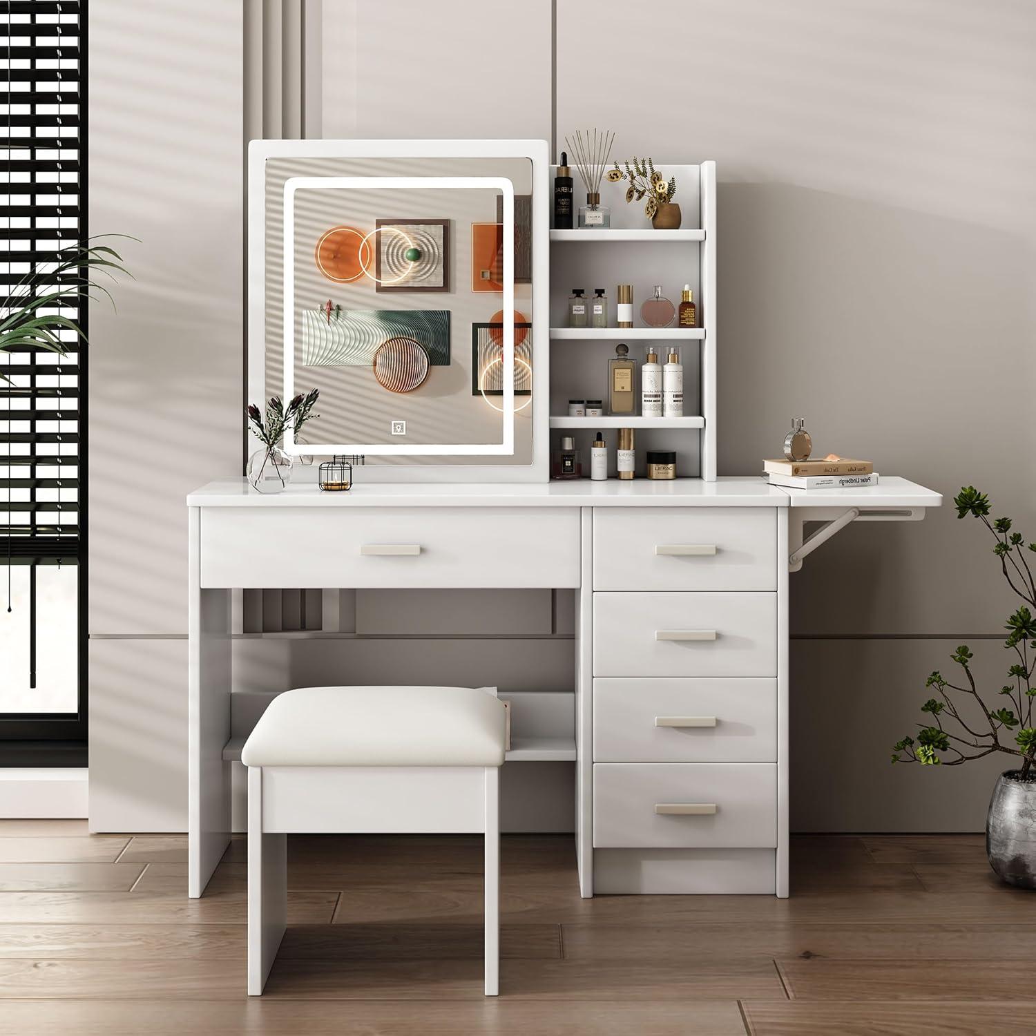 Vanity Desk with Mirror and Lights, White Makeup Vanity Chair Set with Fold-up Panel, Dressing Table with 5 Drawers and Shelves, 3 Lighting Modes, Brightness Adjustable