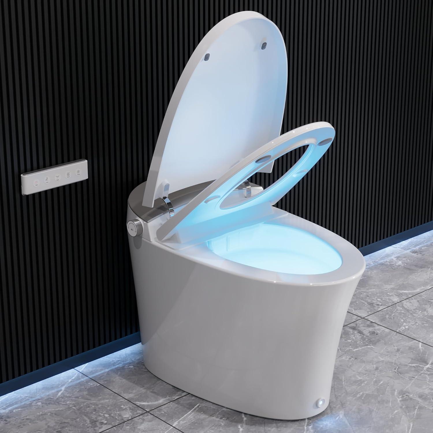 Smart Toilet with Quiet-Closed Heated Seat, Foot Kick/Off-seat/Blackout/Remote Flush, Bidet Elongated Toilet with Tankless, Gentle Night light, Remote Control, Advanced
