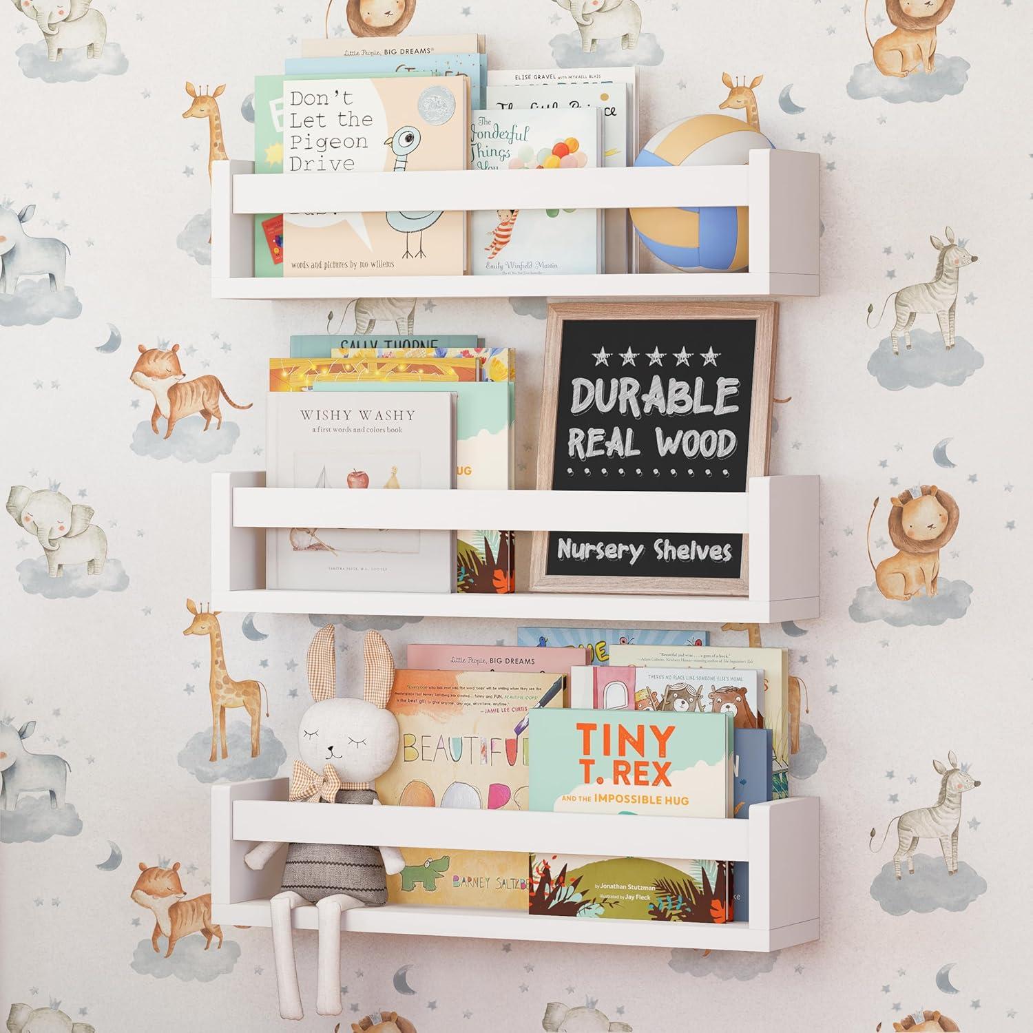 Nature Supplies Set of 3 White Nursery Room Shelves. Floating Bookshelf Classic White