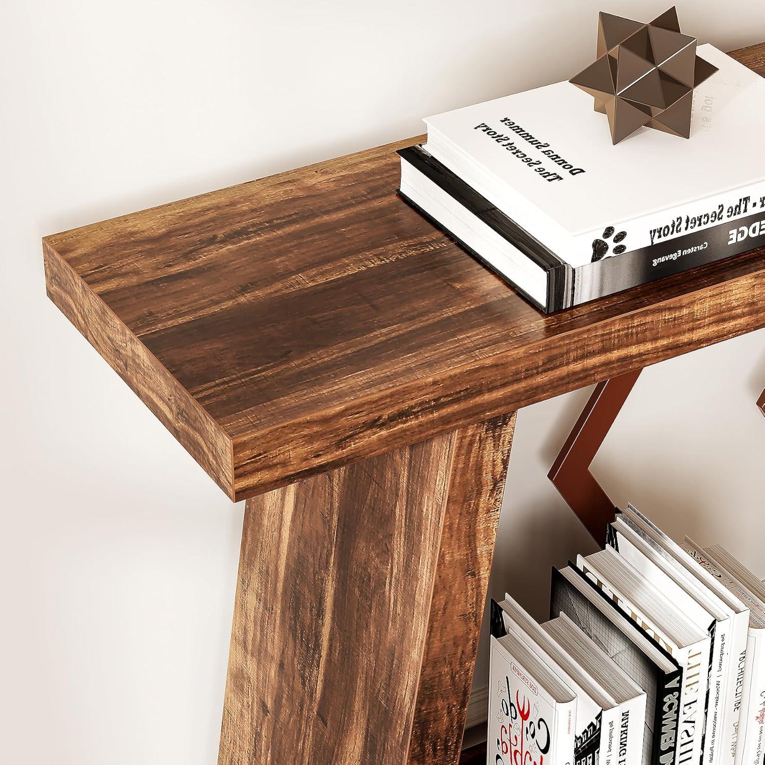 Rustic Brown Wood and Metal Console Table with Storage Shelf