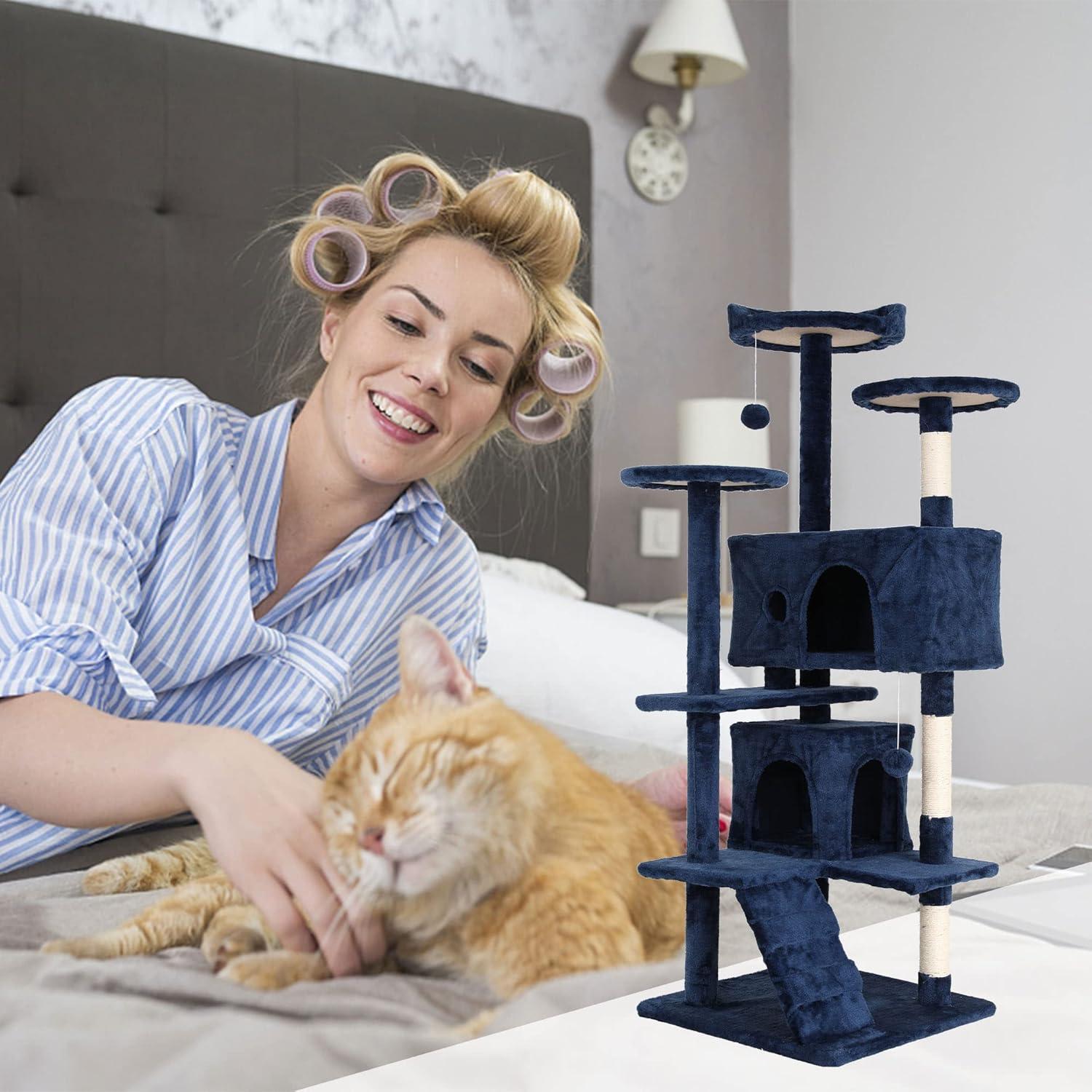 FDW 54in Cat Tree Tower Multi-Level Scratching Post & Play House for Indoor Cats/Kittens, Navy Blue