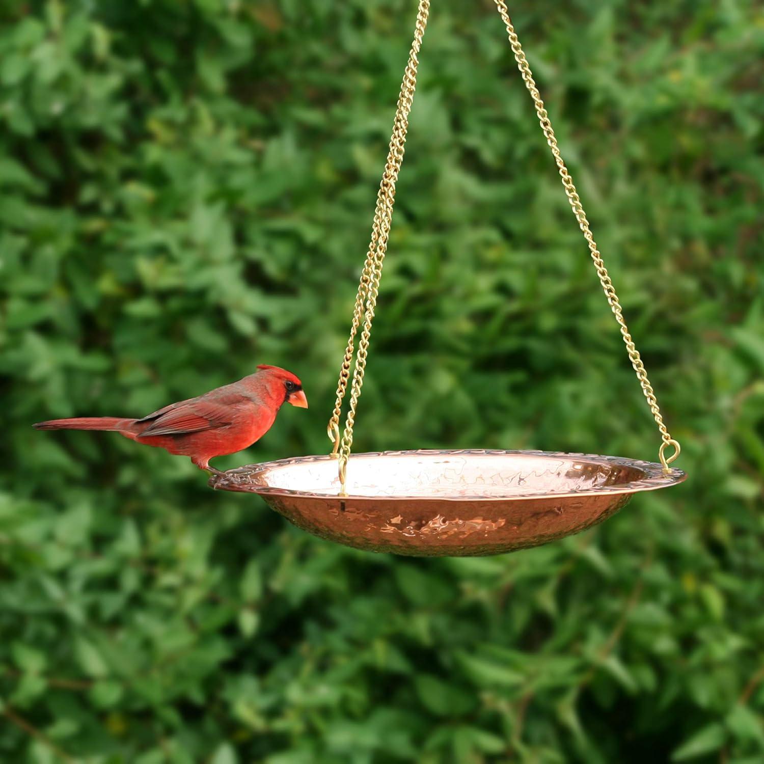 Pure Copper Hanging Bird Bath with Brass Chain, 13.5” Diameter