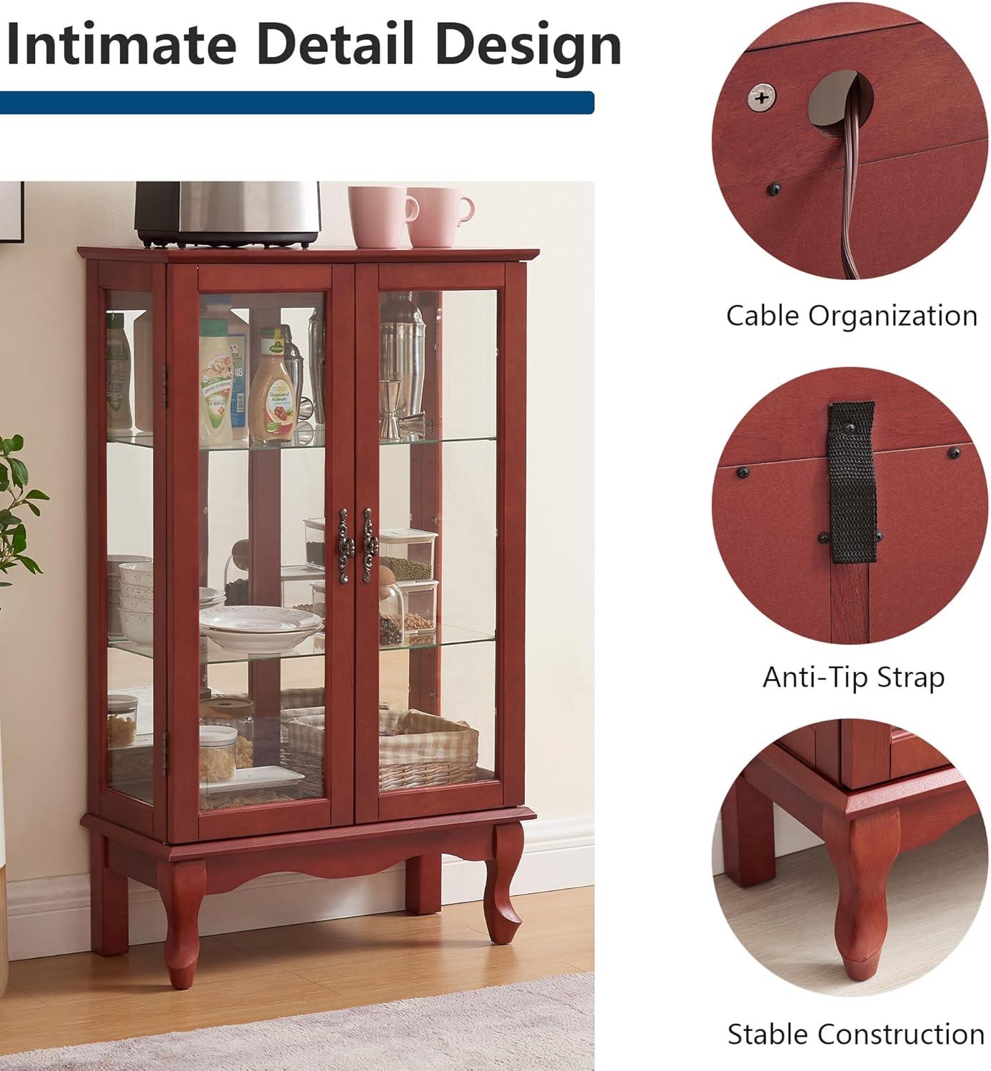 Miniyam Lighted Curio Display Cabinet with Tempered Glass Doors,Curio Cabinets with Mirrored Back Panel and Adjustable Shelves,Bulb Included,Cherry