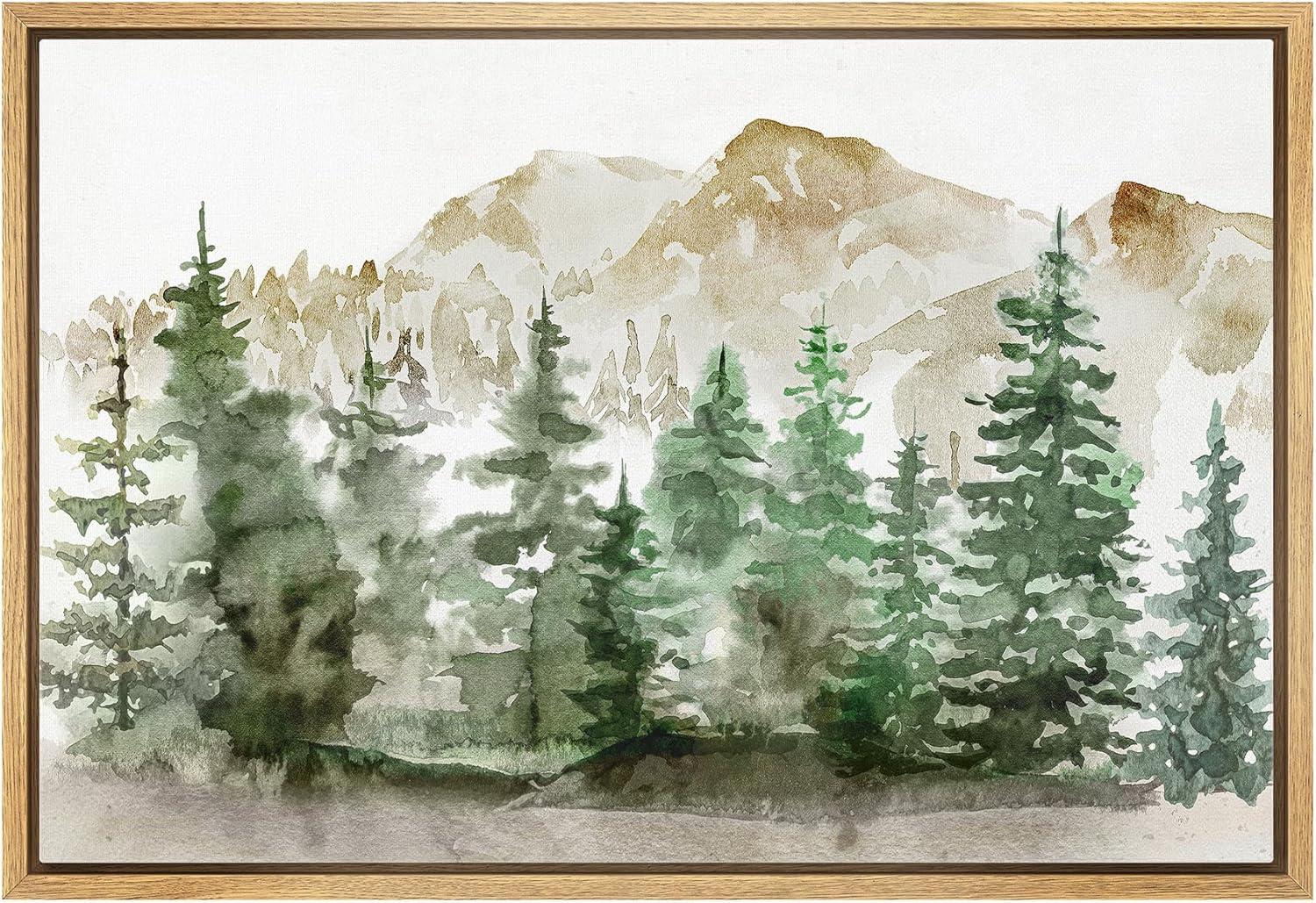 wall26 Framed Canvas Print Wall Art Watercolor Mountain Forest Landscape Nature Wilderness Illustrations Modern Rustic Scenic Colorful for Living Room, Bedroom, Office - 24"x36"White