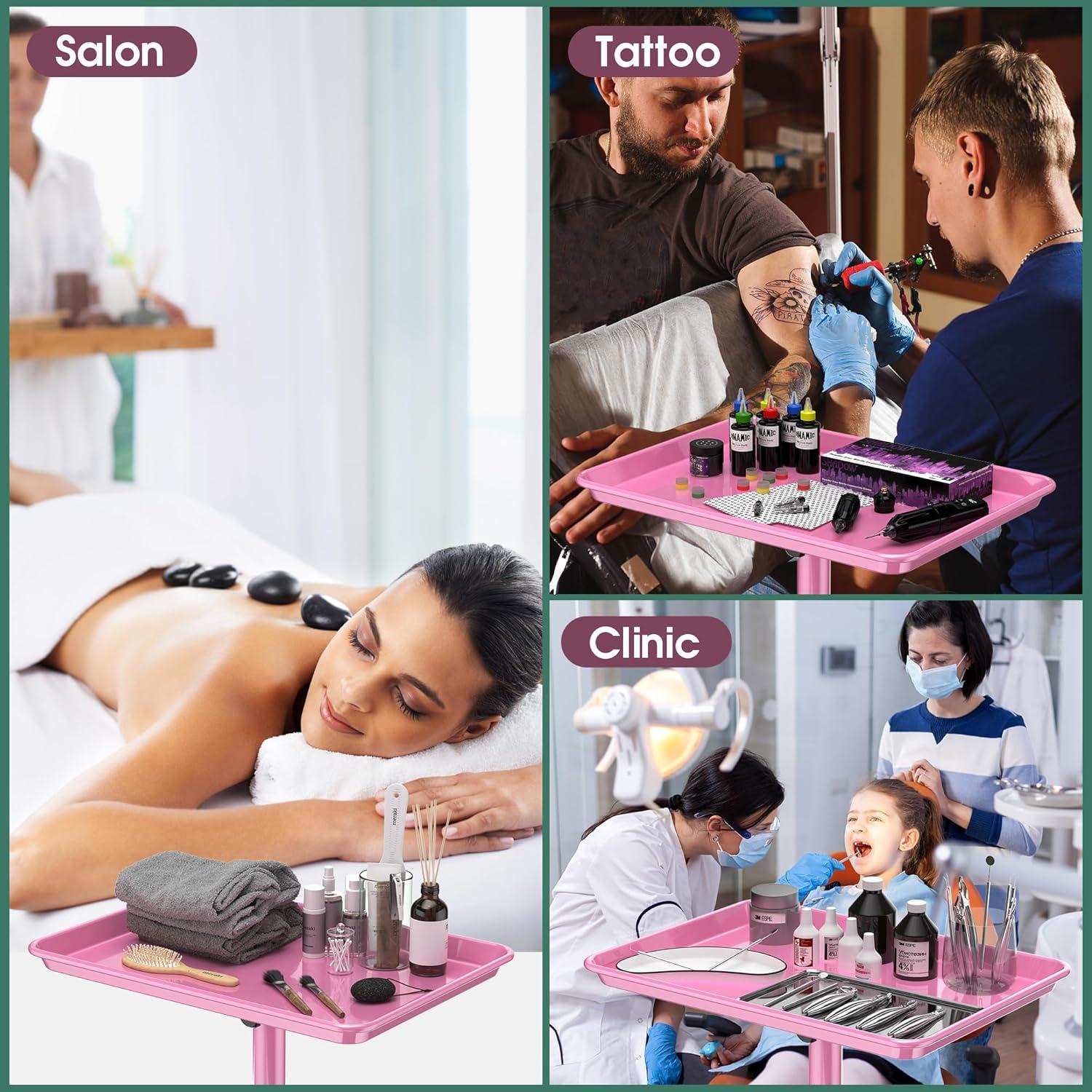 Salon Tray,Height Adjustable Salon Service Rolling Cart,Hair Color Tray with Wheels,Pink