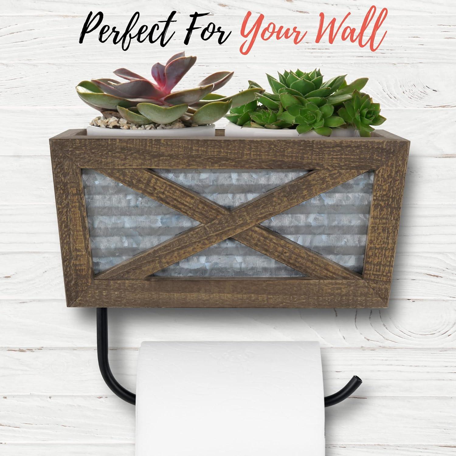 Farmhouse Wall Mount Rustic Toilet Paper Holder with Basket for Cell Phone