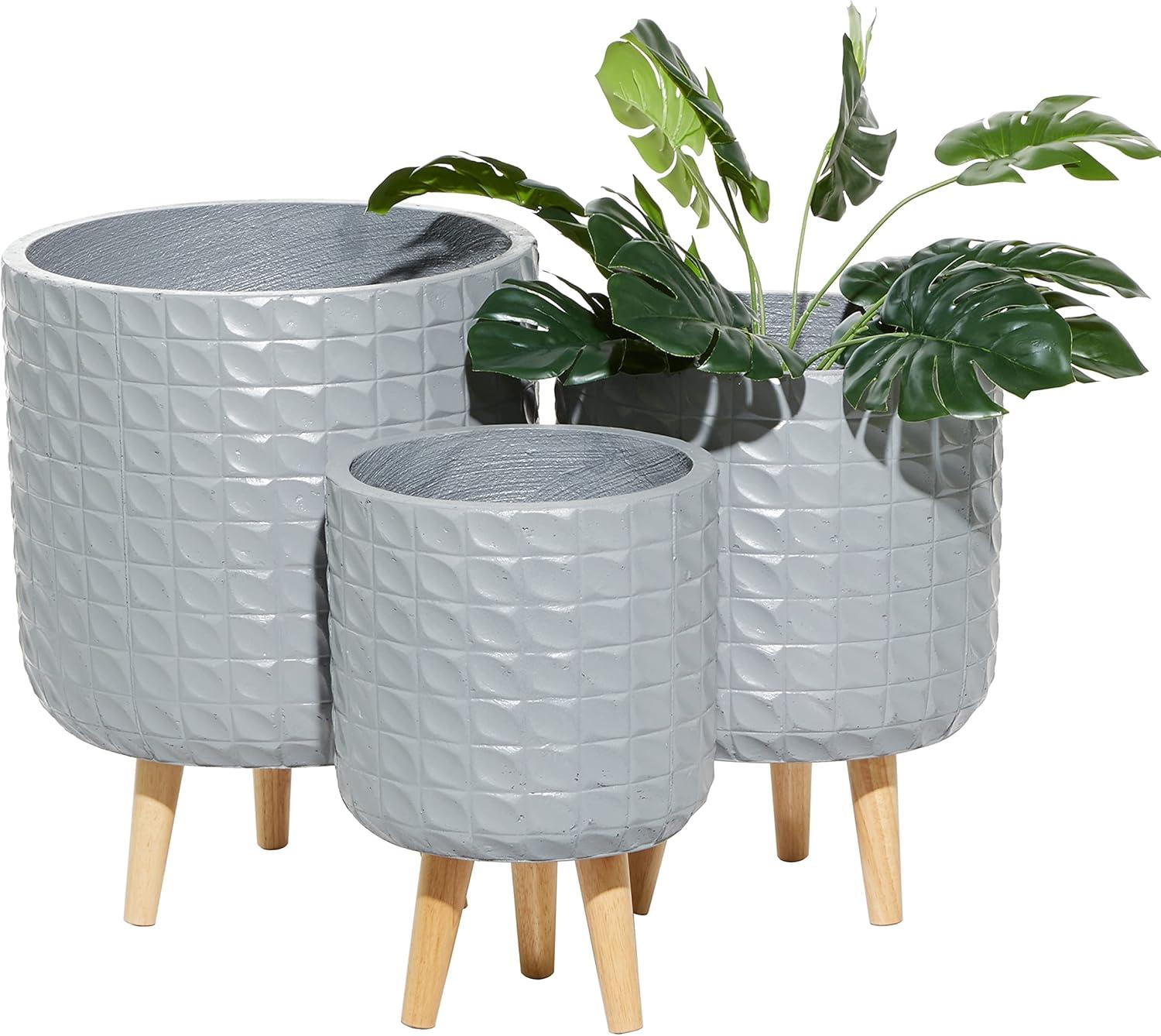 Contemporary Gray MGO Planter Set with Light Brown Tripod Legs, 3-Piece