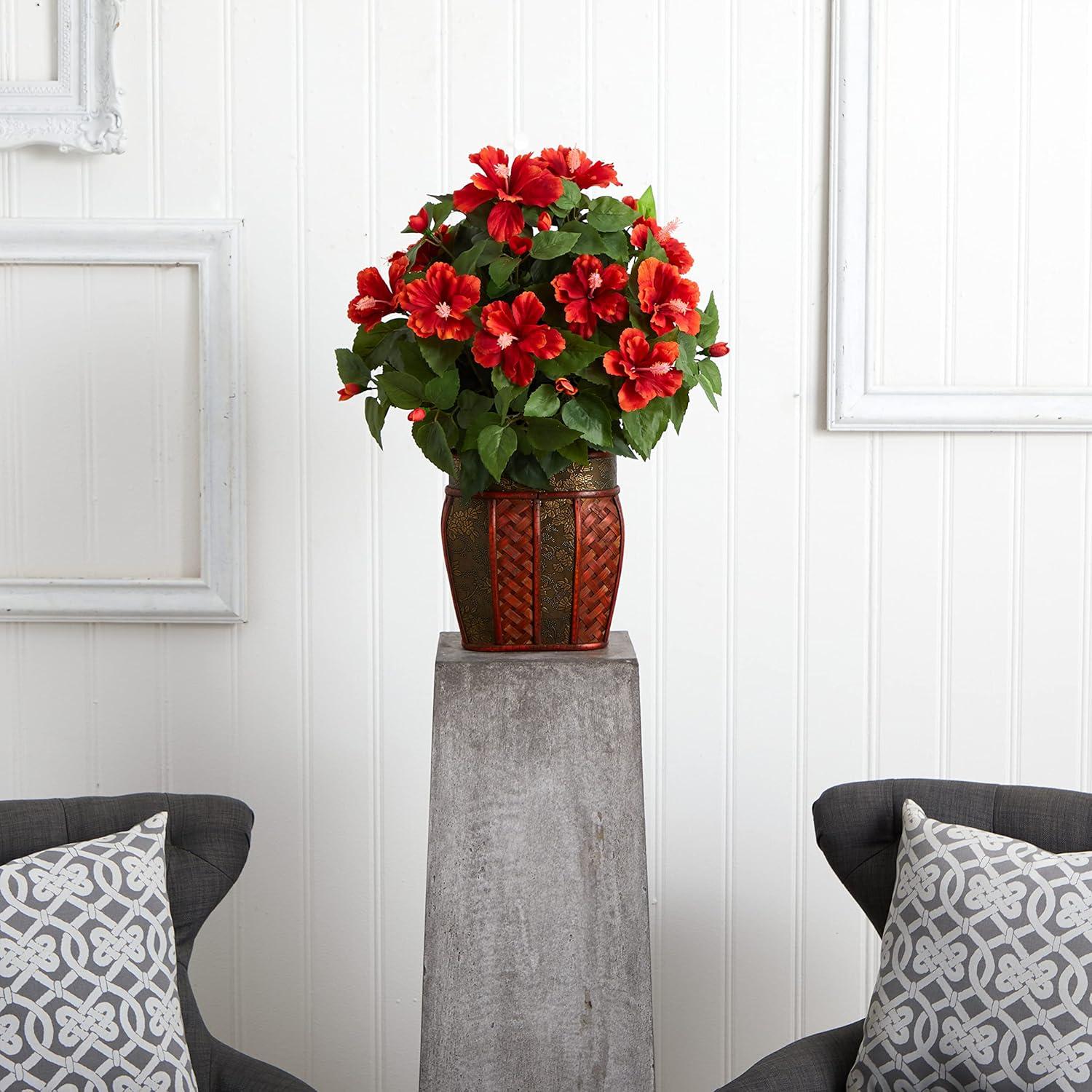 Red Silk Hibiscus with Vase 30" Tabletop Decor