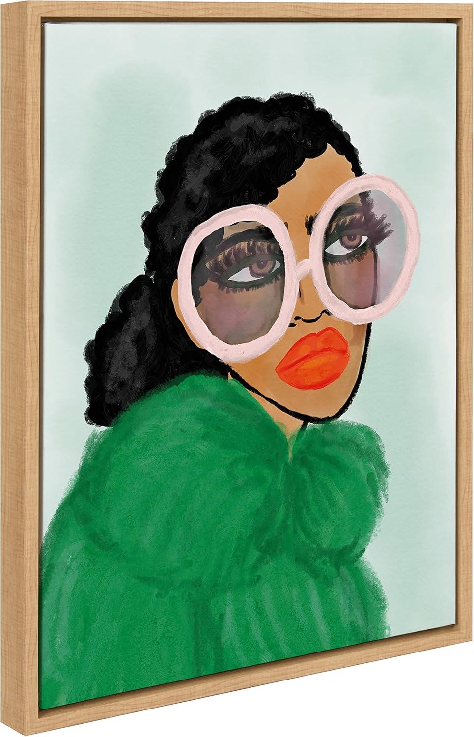 Kate and Laurel Sylvie Green Coat Framed Canvas Wall Art by Kendra Dandy of Bouffants and Broken Hearts, 18x24 Natural, Female Face Portrait Feminine Art for Wall