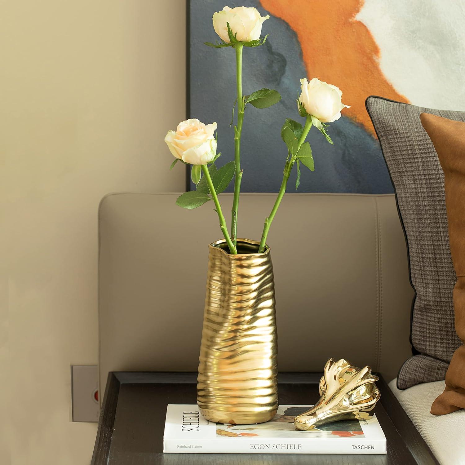 Mercer41 Baftjar 9-Inch Tall Ceramic Bent Melted Modern Style Sculpture Table Centerpiece Flower Vase, a Unique and Decorative Vase in an Elegant Gold Finish, Perfect for Adding Sophistication to Home or Office Décor
