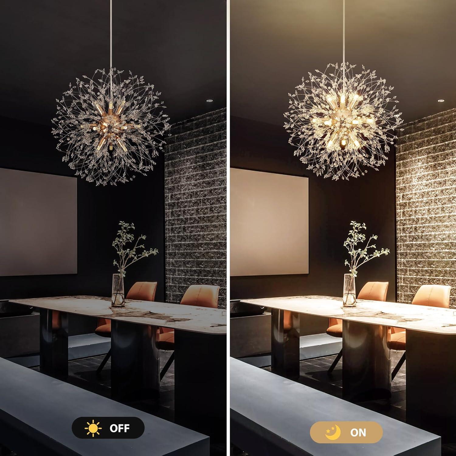 Mercer41 Modern Gold Crystal Chandelier With 12-Light Firework Design, Adjustable Dandelion Pendant Lighting For Dining Room, Living Room, Bedroom, Kitchen, And Hallway