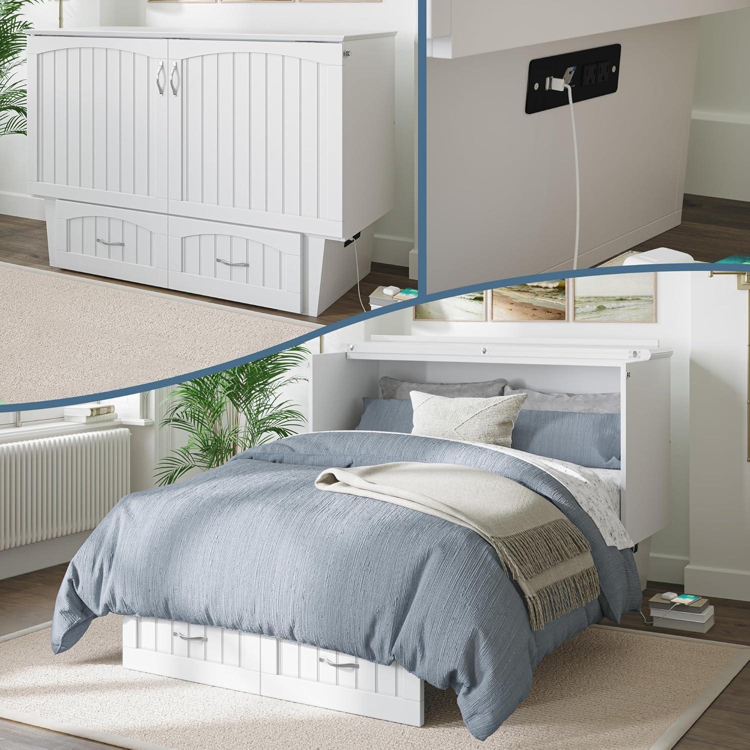 Nantucket Full Size Murphy Bed Chest with Mattress and Built-in Charger in White