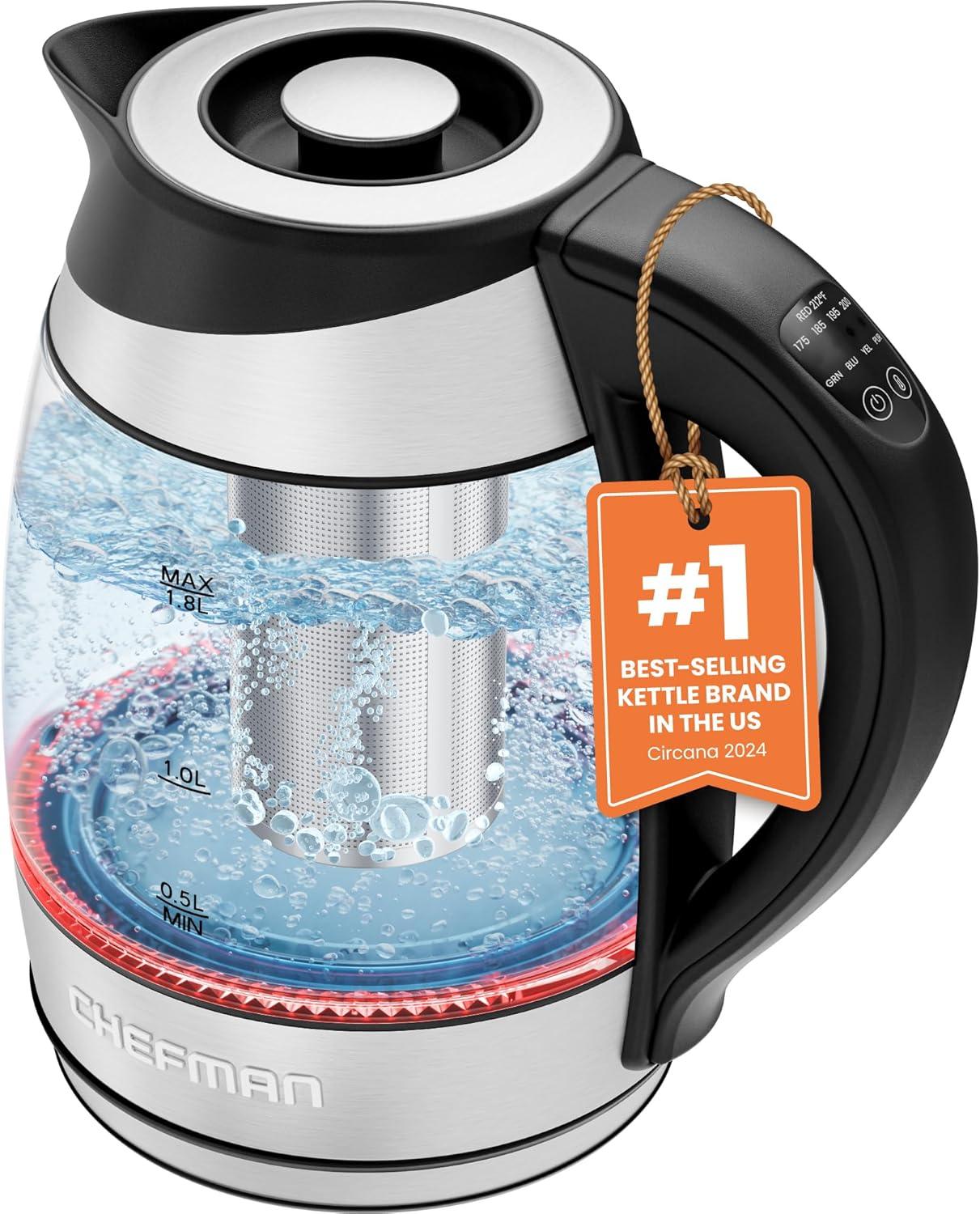 Chefman 1.8L Electric Glass Kettle w/ Temperature Control, Removable Tea Infuser - Stainless Steel, New