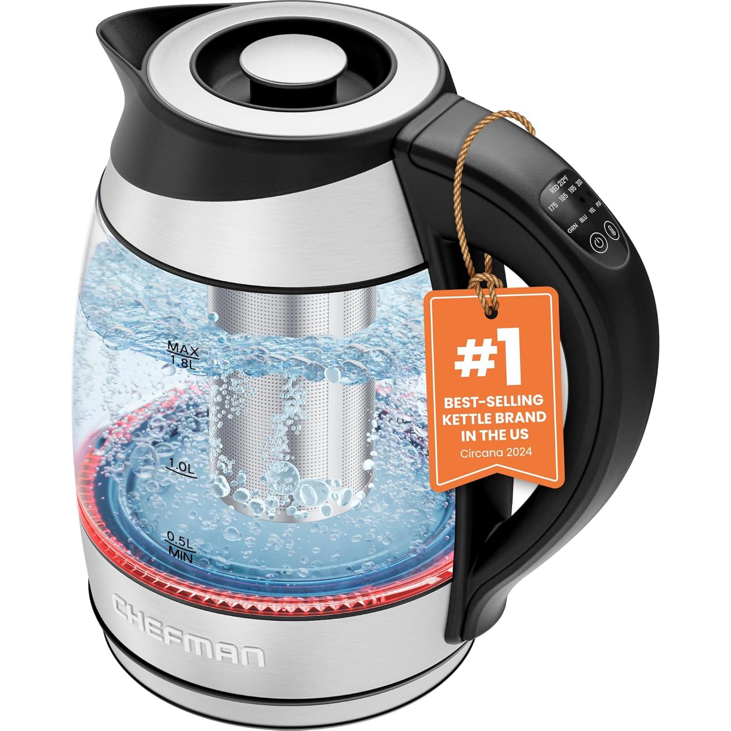 Chefman 1.8L Electric Glass Kettle w/ Temperature Control, Removable Tea Infuser - Stainless Steel, New