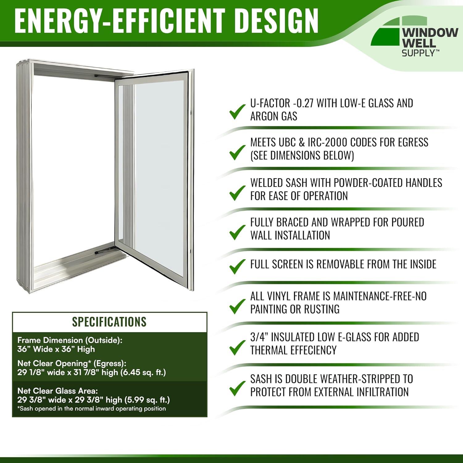 White Vinyl 36" x 36" In-Swing Casement Egress Window