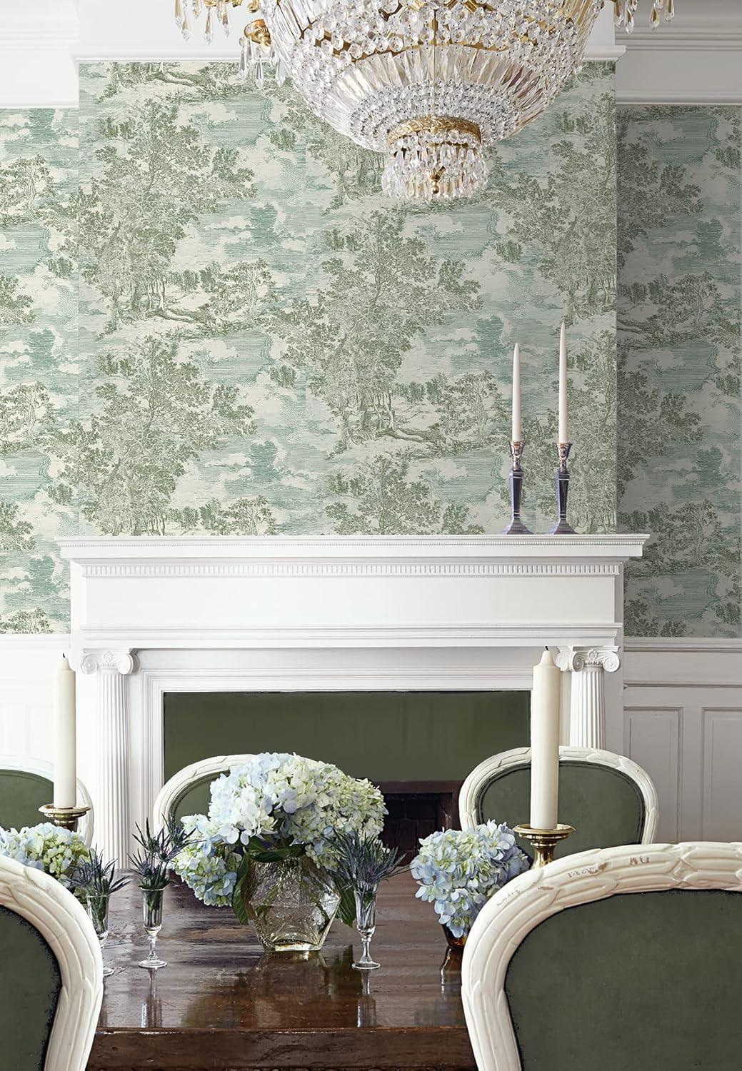 Willow Green Self-Adhesive Scenic Toile Wallpaper