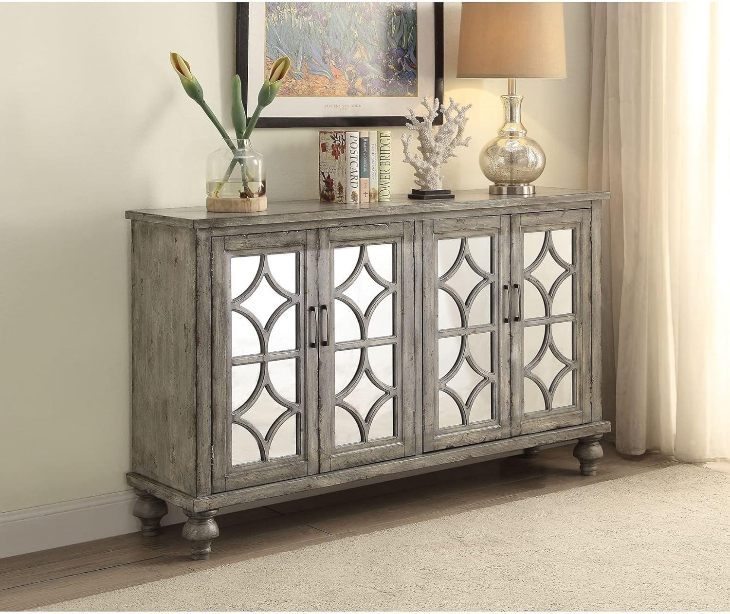 Velika Weathered Gray Wooden Console Table with Mirrored Doors