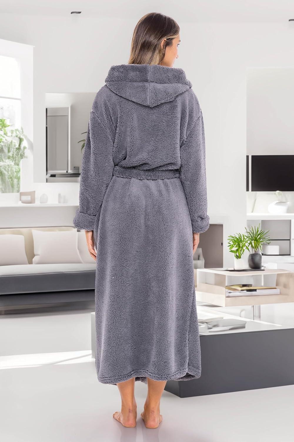 ADR Womens Fluffy Robe, Fuzzy Robe for Women, Long Hooded Robes for Women, Plus Size Robe Steel Gray XS