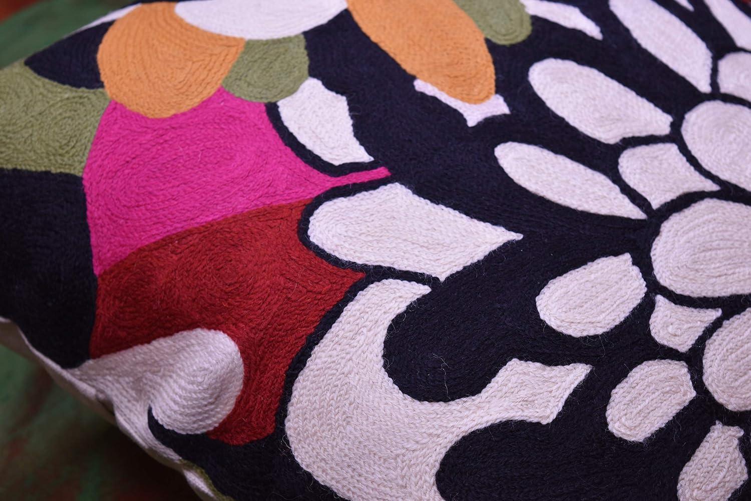 Modern Cream Decorative Floral Pillow Cover Needlepoint White Flower Hand Embroidered Pillowcase Flowery Outdoor Suzani Accent Cushion Boho Chair Modern Chair Pillowsham Wool Size 18x18