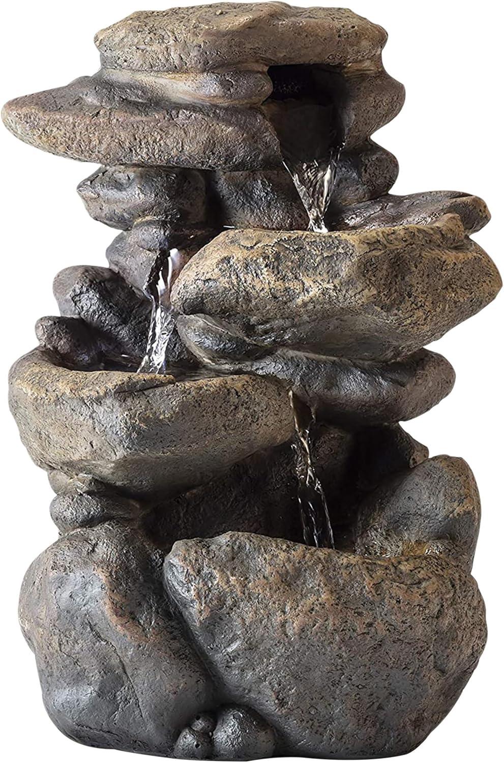 Alpine Indoor/Outdoor 3-Tier Rock Fountain with LED Light