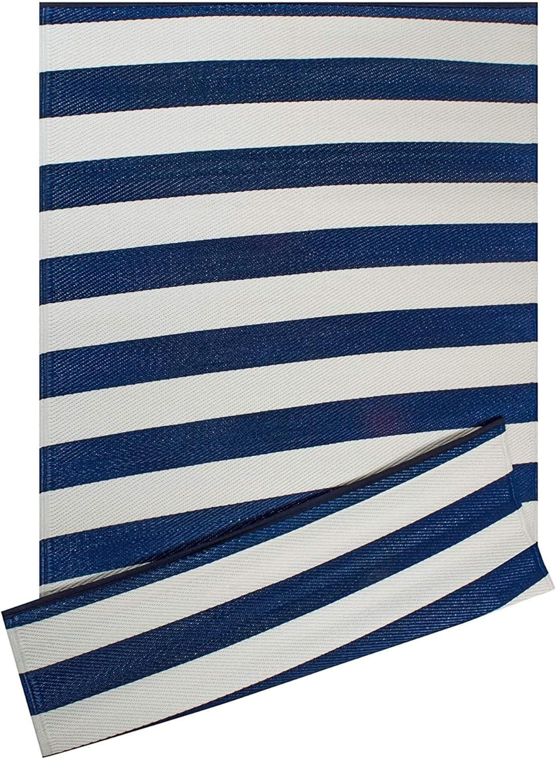 Navy and White 4' x 6' Stripe Synthetic Rectangular Washable Rug