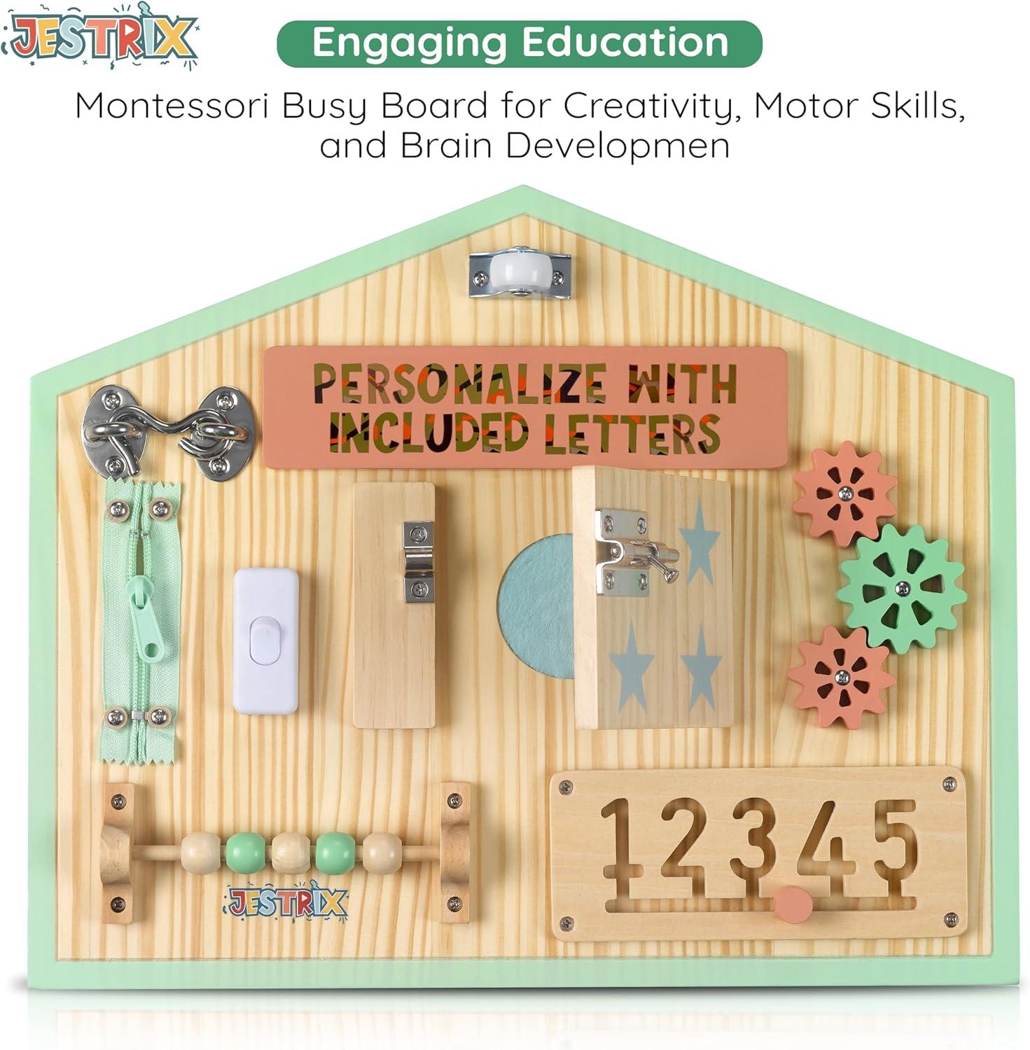 HomeSkill Wall & Travel Busy Board Panel – Can Be Personalized – Sensory Toy with 11 Activities – Solid Wooden Activity Board to Promote Early Childhood Development – Perfect for Toddler Playrooms