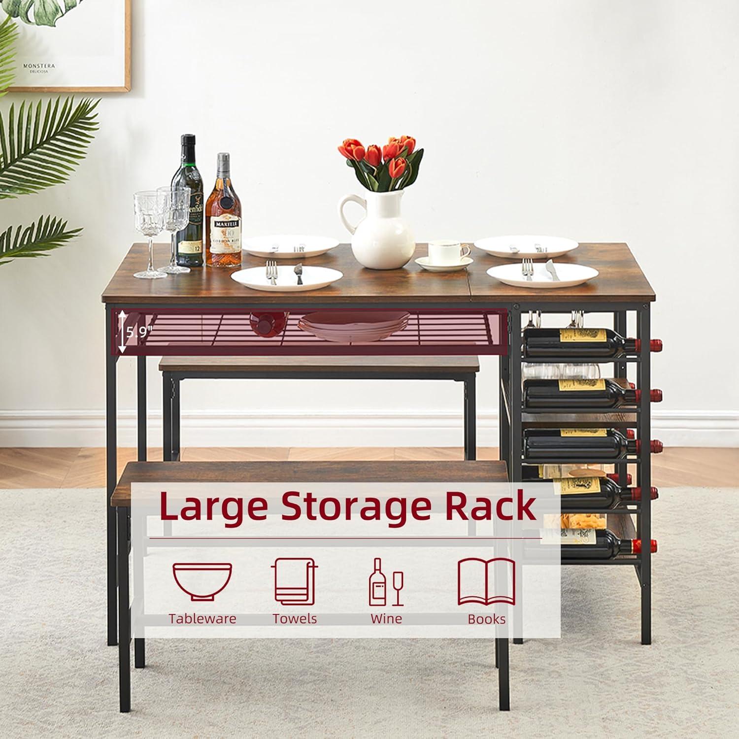 IDEALHOUSE Dining Table Set for 4, Kitchen Table Set for 4 with 2 Benches, Rectangular Dining Room Table Set with Wine Rack, 3 Piece Dining Table Set for Small Space Apartment, Rustic Brown