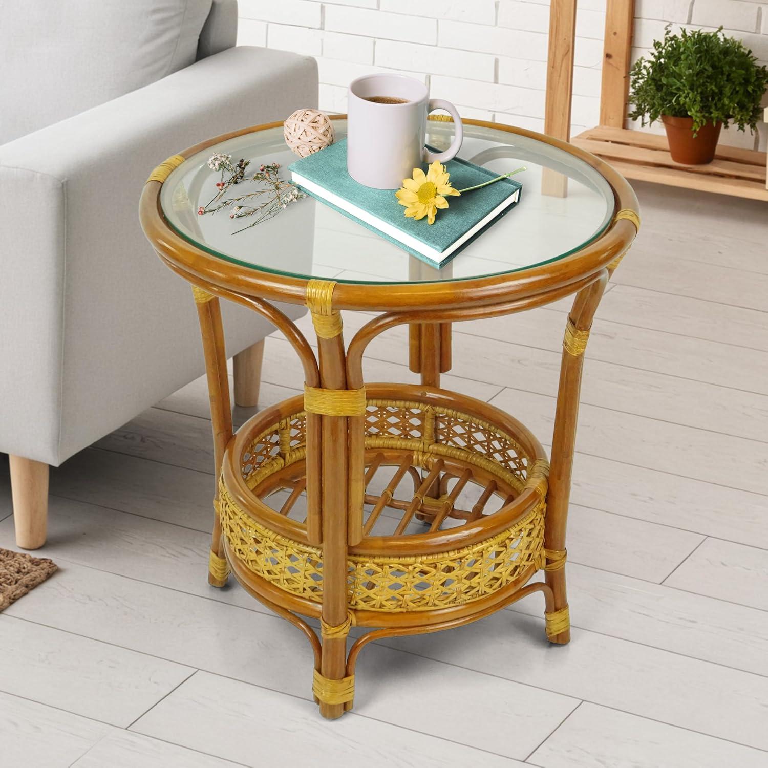 SK New Interiors Pelangi Coffee Round Table Natural Rattan Wicker with Glass Top Handmade, Colonial