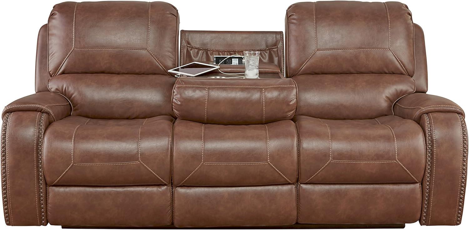 Roundhill Furniture Achern Brown Leather Nailhead Manual Reclining Sofa with Storage Console and USB Port