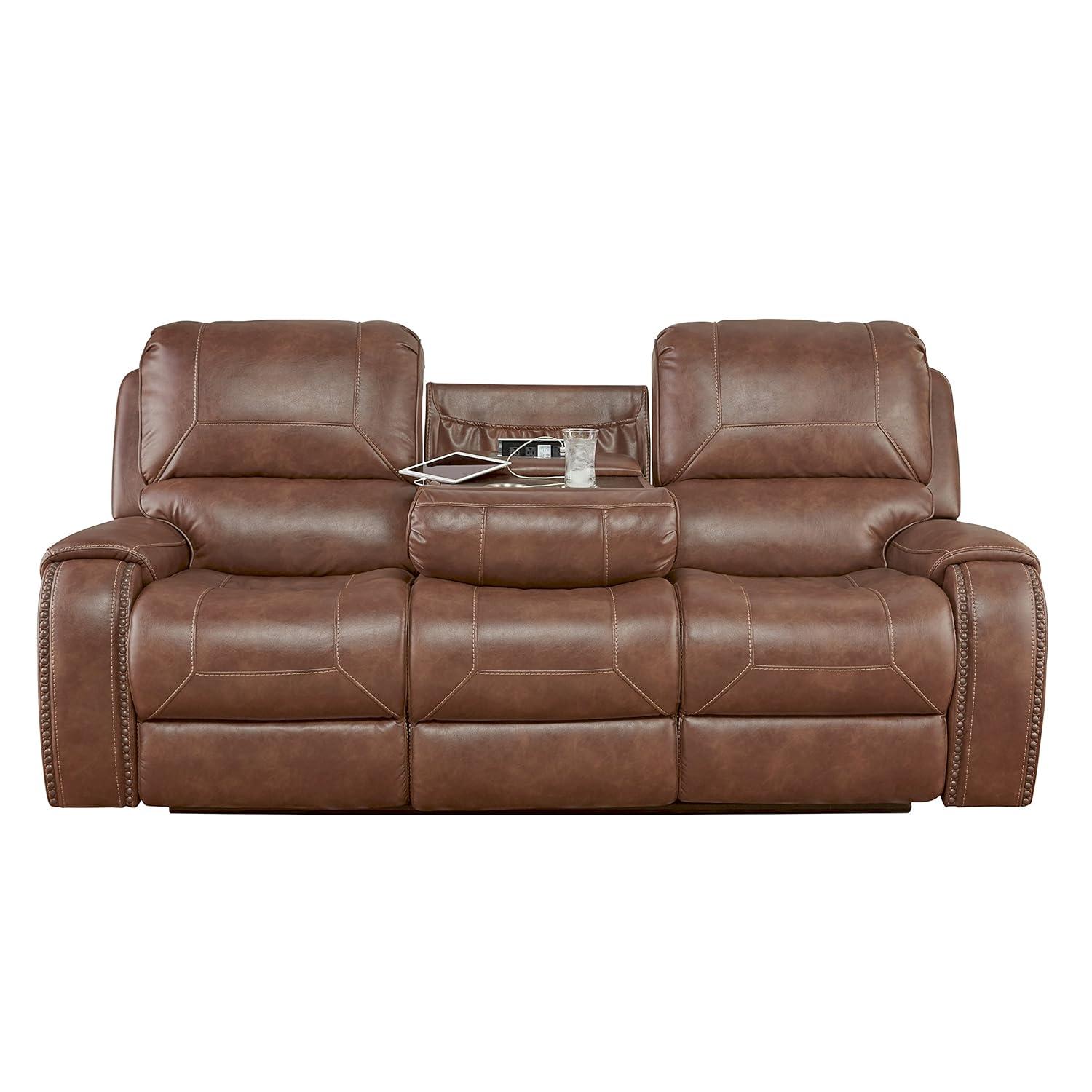 Roundhill Furniture Achern Brown Leather Nailhead Manual Reclining Sofa with Storage Console and USB Port