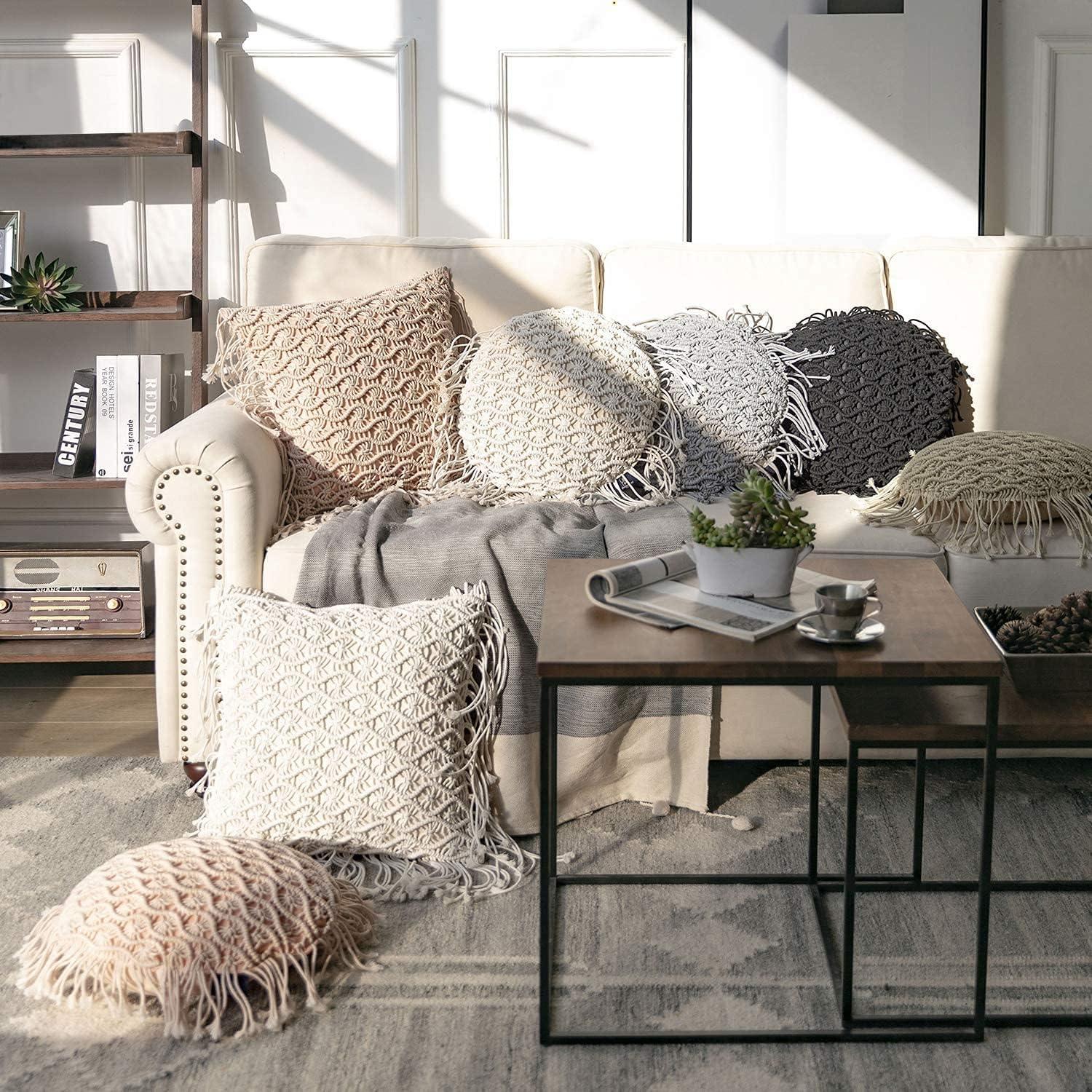 Phantoscope Macrame Cotton Handmade Crochet Woven Boho Throw Pillow with Tassel Cute Farmhouse Pillow Insert Included Lumbar Small Decorative Cushion for Couch Sofa, Ginger,16 inches Round