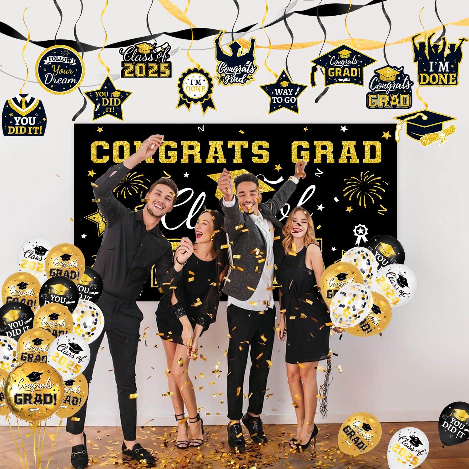 Graduation Party Decorations Class of 2025 Graduation Party Supplies Congrats Grad Banner Class of 2025 Backdrop, Paper Pompoms, Balloons for Congrats Grad Party Decorations (Burgundy-Gold)