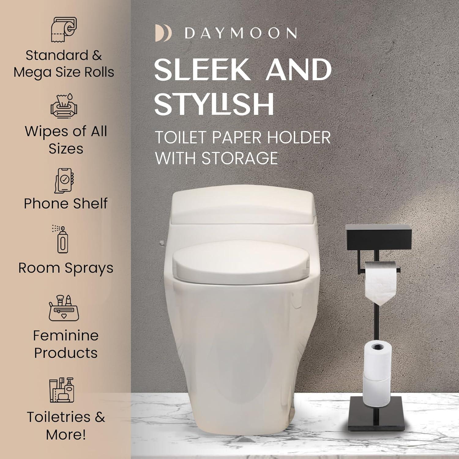 Day Moon™ Matte Black Toilet Paper Holder Free Standing Toilet Paper Holder with Storage - Toilet Paper Stand and Tissue Holder for Bathroom - Toilet Paper Holder with Shelf and Wipe Holder