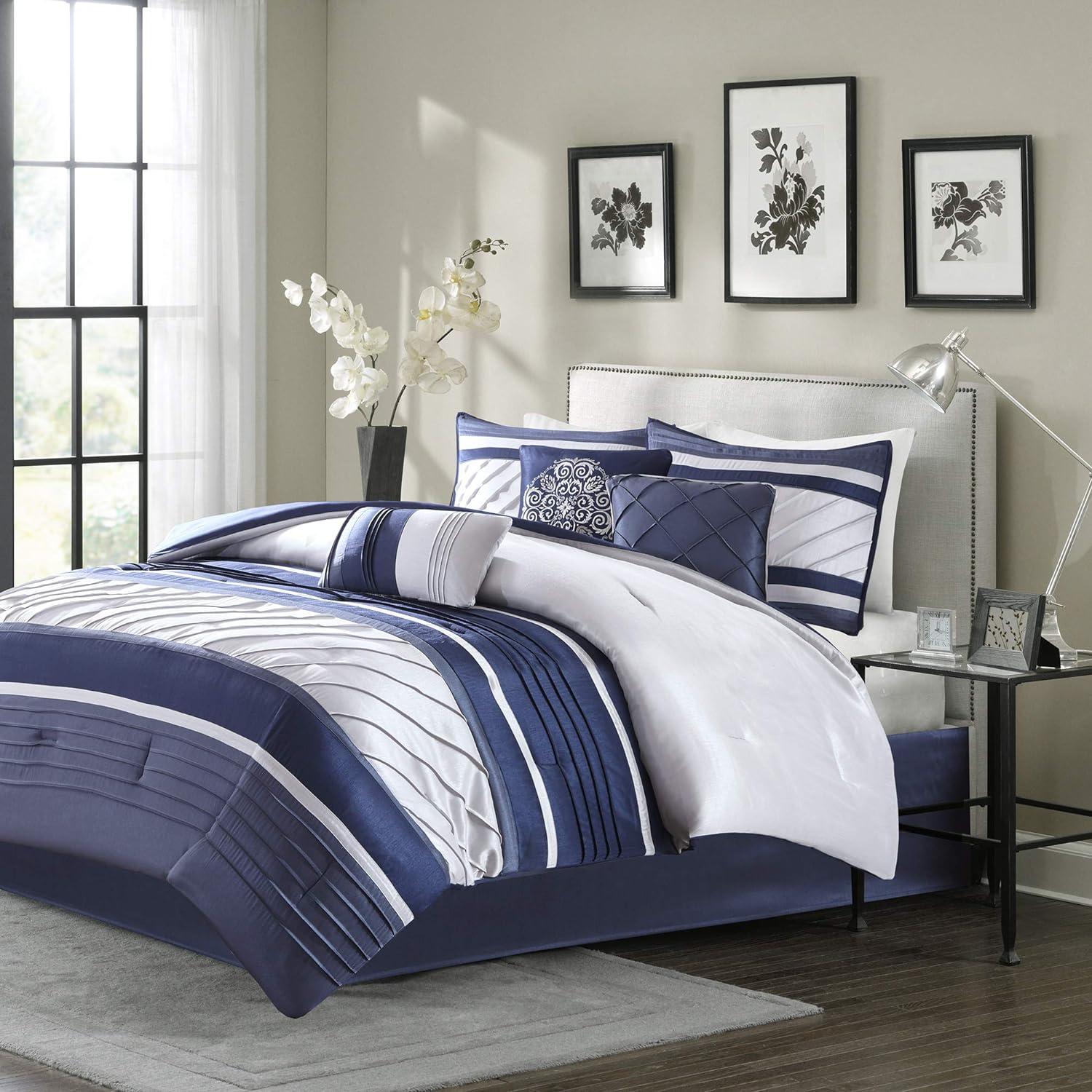 Navy Microfiber 7-Piece Queen Comforter Set with Decorative Pillows