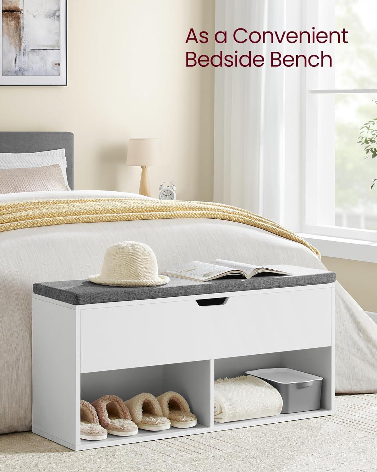 White and Gray Storage Bench with Cushion and Shoe Rack