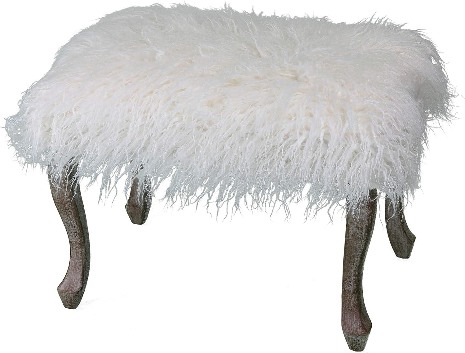 Harlow 26" White Faux Fur Rectangular Footstool with Wood Legs