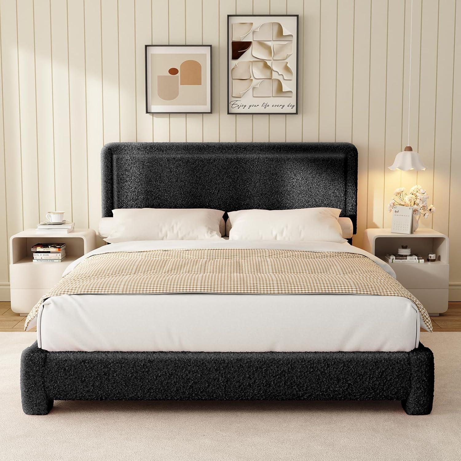 Queen Size Boucle Bed Frame, Upholstered Cloud Bed Frame with Adjustable Headboard, Soft Rounded Corners, No Box Spring Required, Easy Assembly, Black