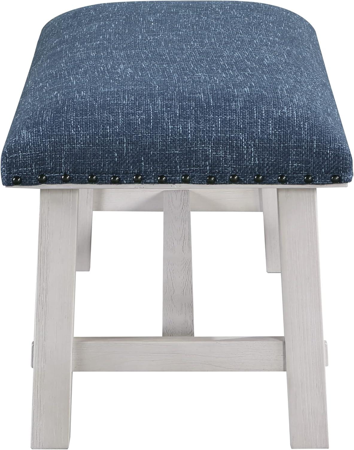 Callen Bench with White Wash Frame and Bronze Nailhead Trim in Navy Fabric