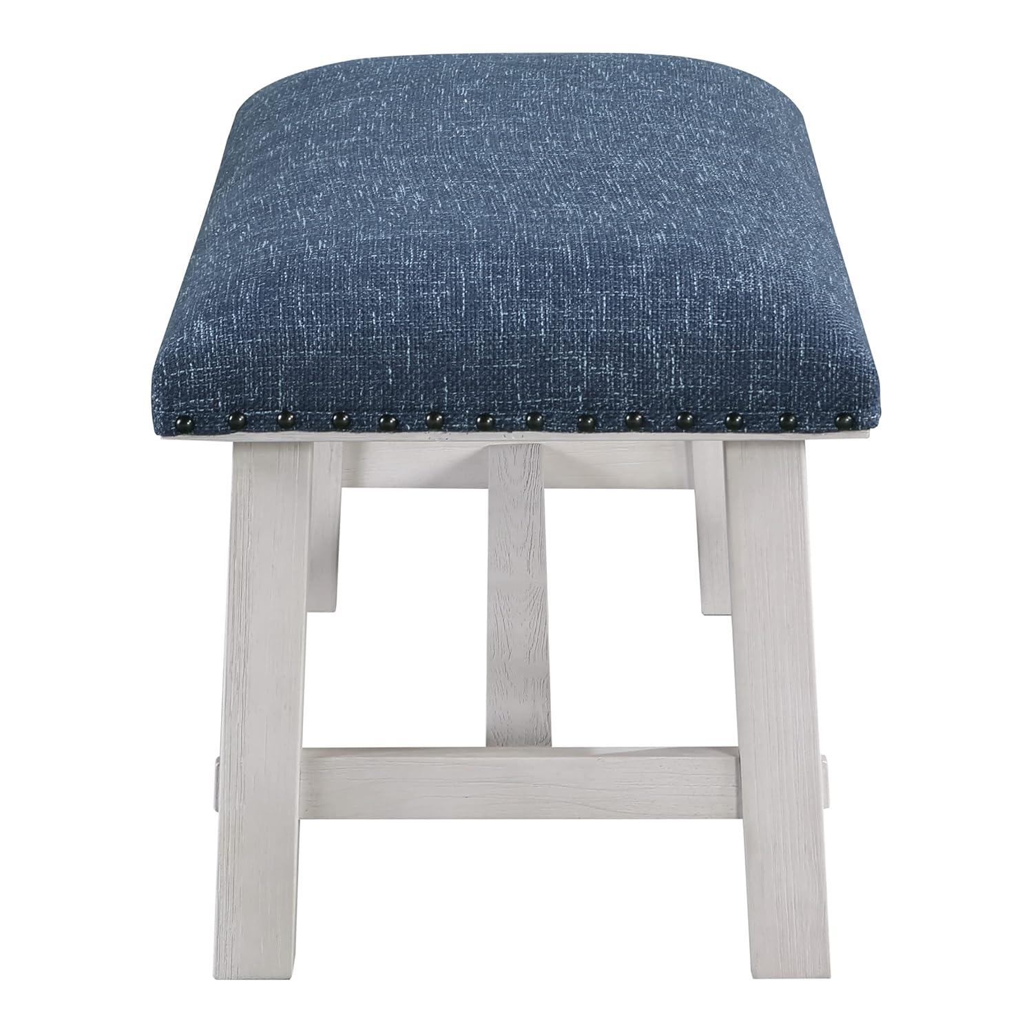Callen Bench with White Wash Frame and Bronze Nailhead Trim in Navy Fabric