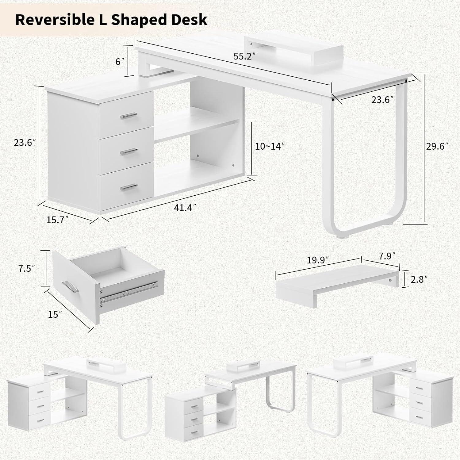 FUFU and GAGA L-Shaped Desk with 3 Drawers, White, MDF Finish