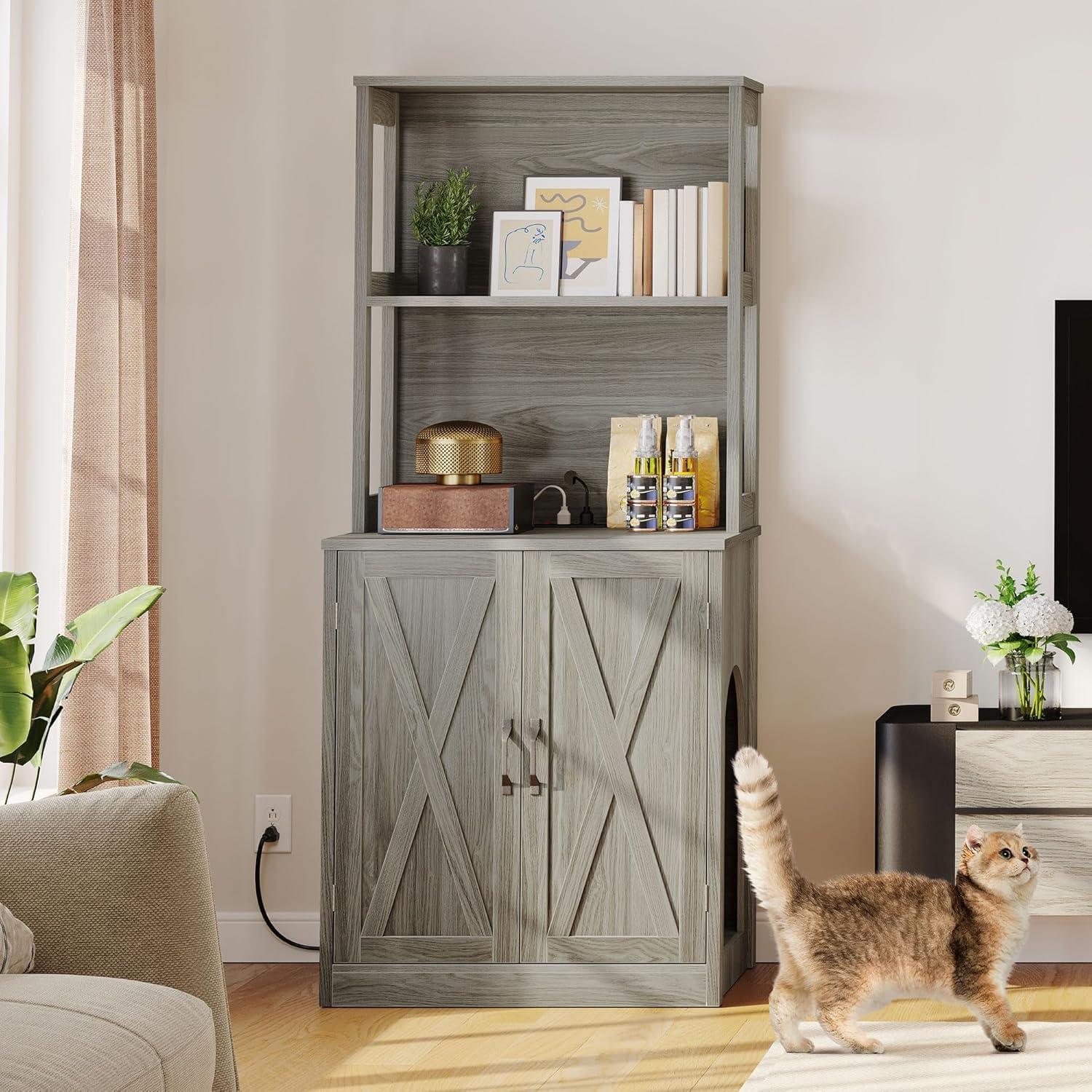 DWVO Large Hidden Cat Litter Box Enclosure Furniture with 2 Shelf Cat Washroom Storage with Charging Station，Wooden Cat Cabinet for Litter Box - Gray