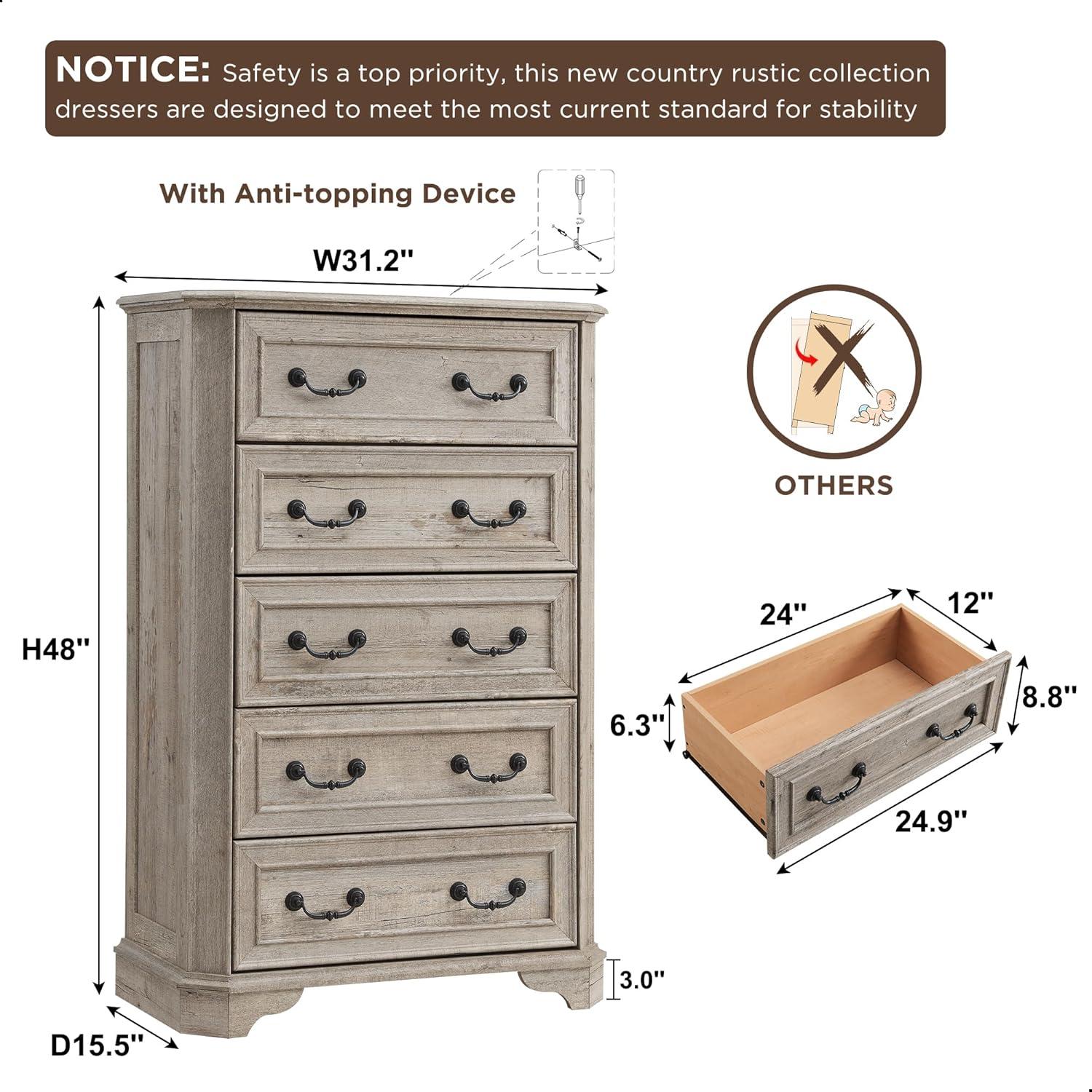 Laurel Foundry Modern Farmhouse® Theron Farmhouse 5 Drawer Bedroom Dresser, Wood Tall Chest of Drawers, Closet Storage for Bedroom