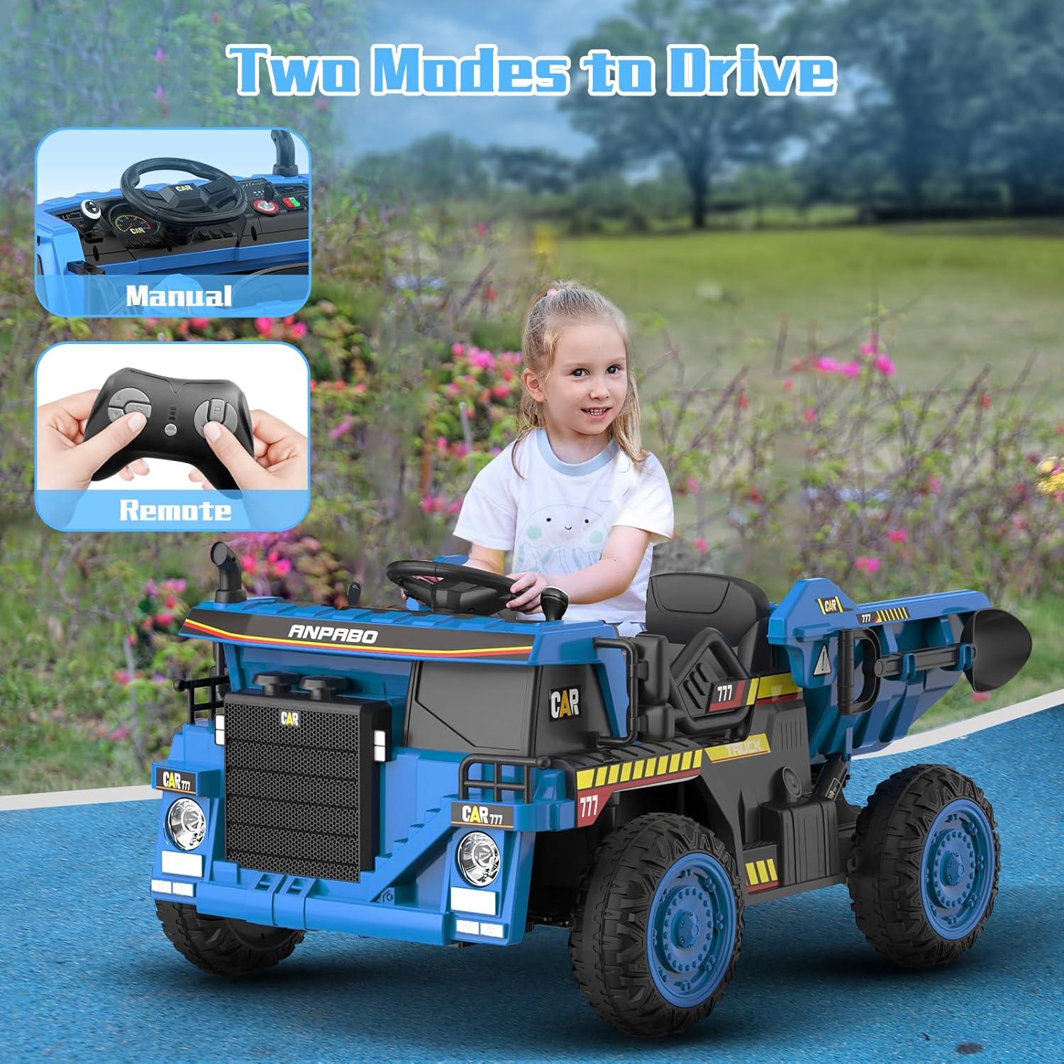 Blue 12V Battery-Powered Ride-On Dump Truck with Remote Control