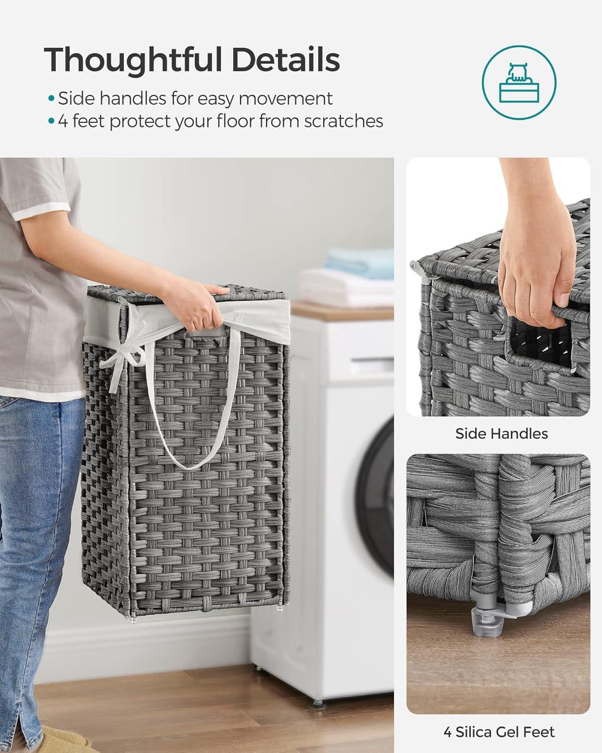 Laundry Hamper with Lid, 17.2 Gallon (65 L) Synthetic Rattan Clothes Laundry Basket with Lid and Handles, Foldable, Removable Liner, Dove Gray